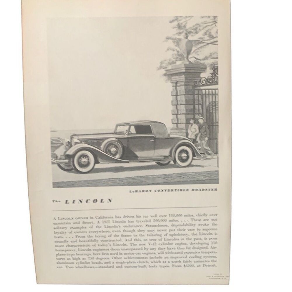 Vintage 1934 Lincoln LeBaron Convertible Roadster Ad Advertisement